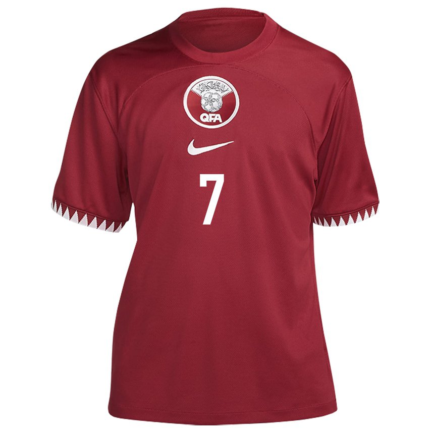 Barn Qatars Ahmed Alaaeldin #7 Rødbrun Hjemmetrøye Drakt Trøye 22-24 Skjorter T-skjorte