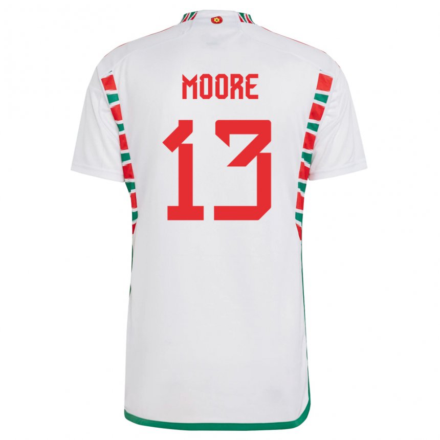 Mann Wales Kieffer Moore #13 Hvit Bortetrøye Drakt Trøye 22-24 Skjorter T-skjorte