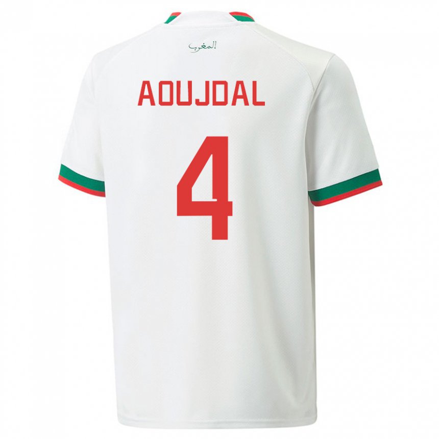 Mann Marokkos Youssef Aoujdal #4 Hvit Bortetrøye Drakt Trøye 22-24 Skjorter T-skjorte