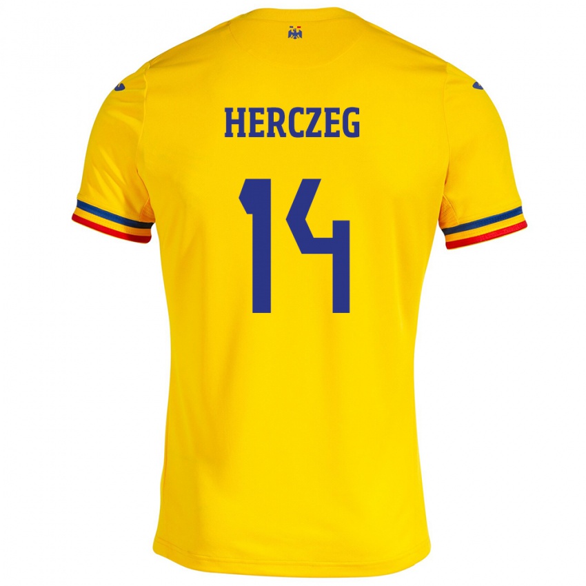 Mann Romania Andrea Herczeg #14 Gul Hjemmetrøye Drakt Trøye 24-26 Skjorter T-Skjorte