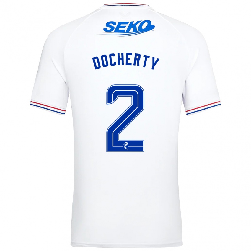 Mann Nicola Docherty #2 Hvit Bortetrøye Drakt Trøye 2023/24 Skjorter T-Skjorte