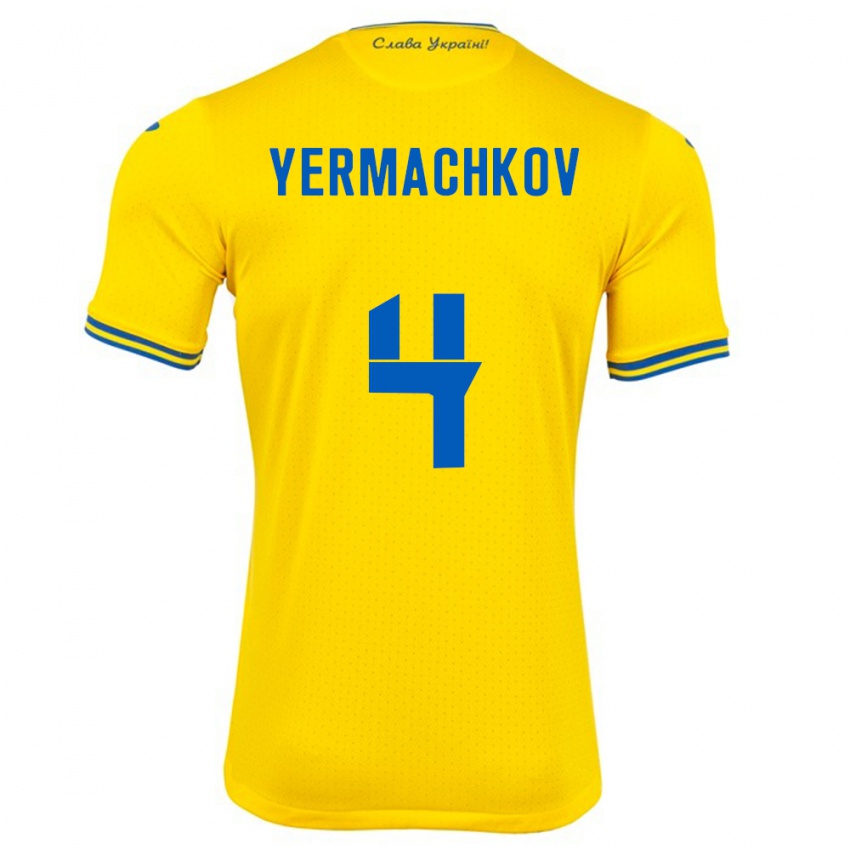 Barn Ukraina Ivan Yermachkov #4 Gul Hjemmetrøye Drakt Trøye 24-26 Skjorter T-Skjorte