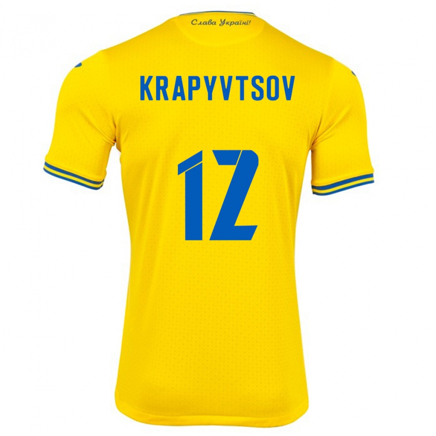 Barn Ukraina Vladyslav Krapyvtsov #12 Gul Hjemmetrøye Drakt Trøye 24-26 Skjorter T-Skjorte