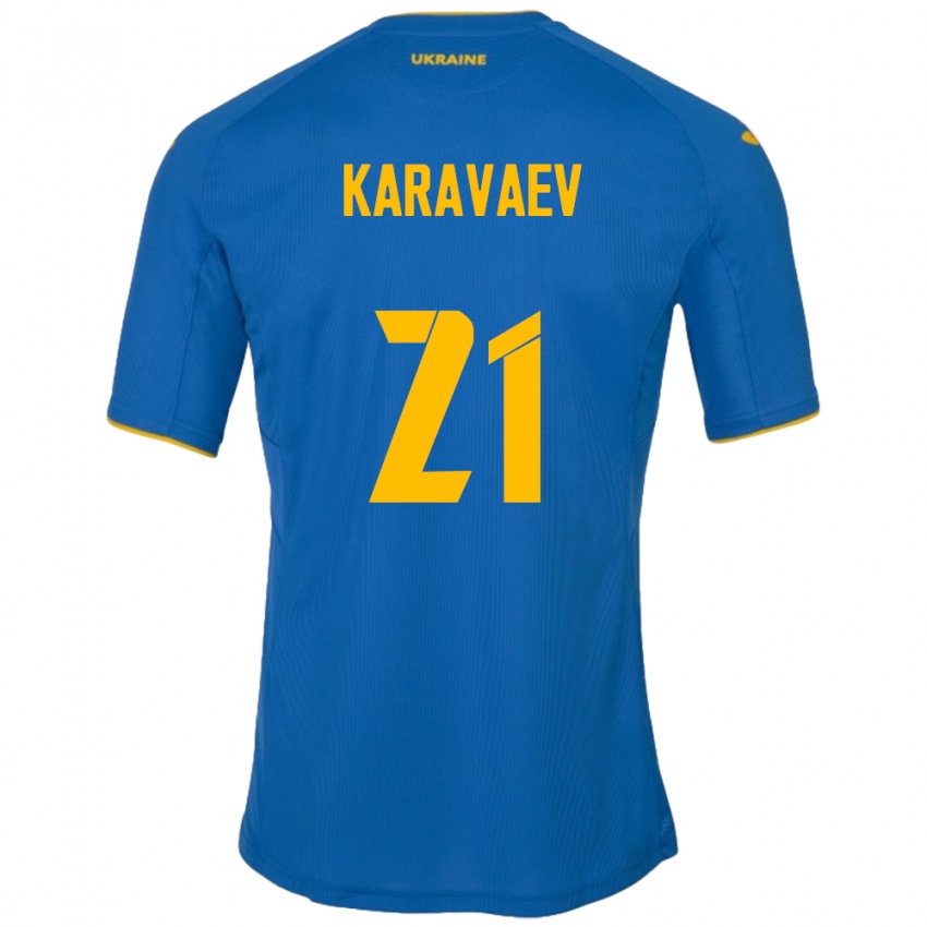Barn Ukraina Oleksandr Karavaev #21 Blå Bortetrøye Drakt Trøye 24-26 Skjorter T-Skjorte