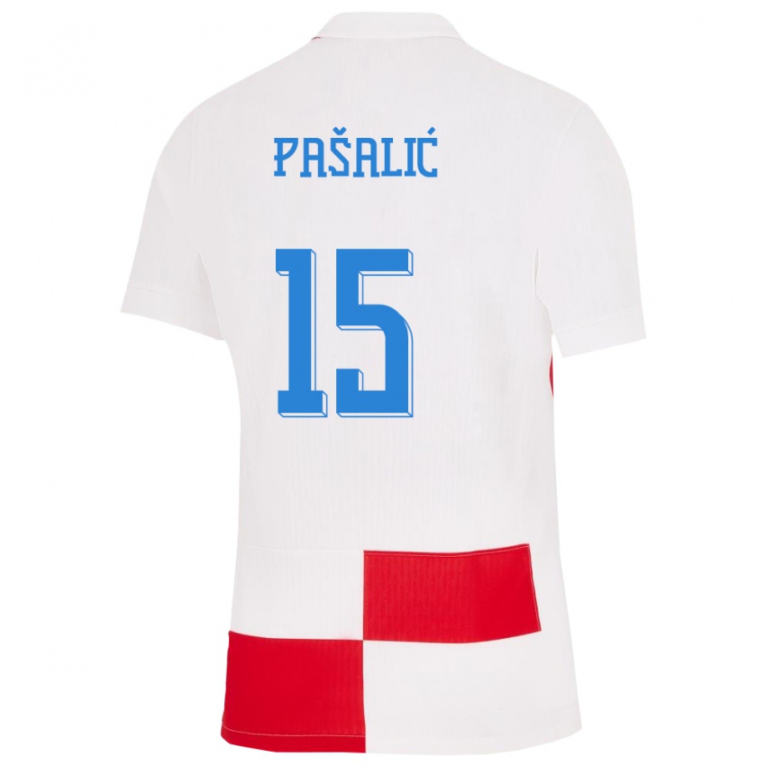 Mann Kroatia Mario Pasalic #15 Hvit Rød Hjemmetrøye Drakt Trøye 24-26 Skjorter T-Skjorte