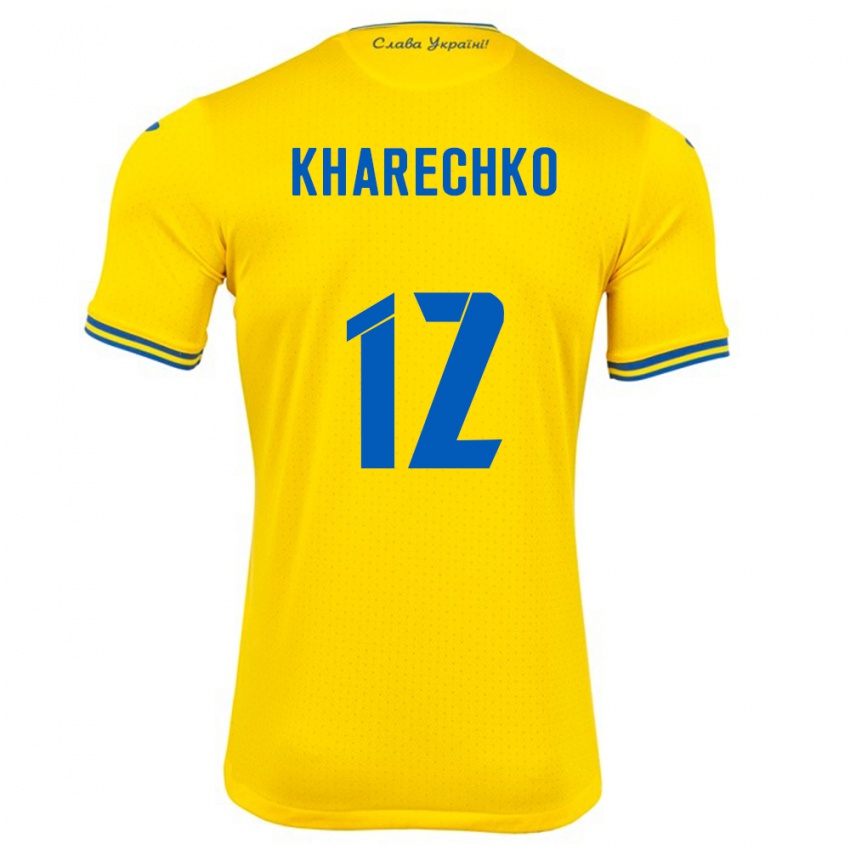 Mann Ukraina Oleksandr Kharechko #12 Gul Hjemmetrøye Drakt Trøye 24-26 Skjorter T-Skjorte