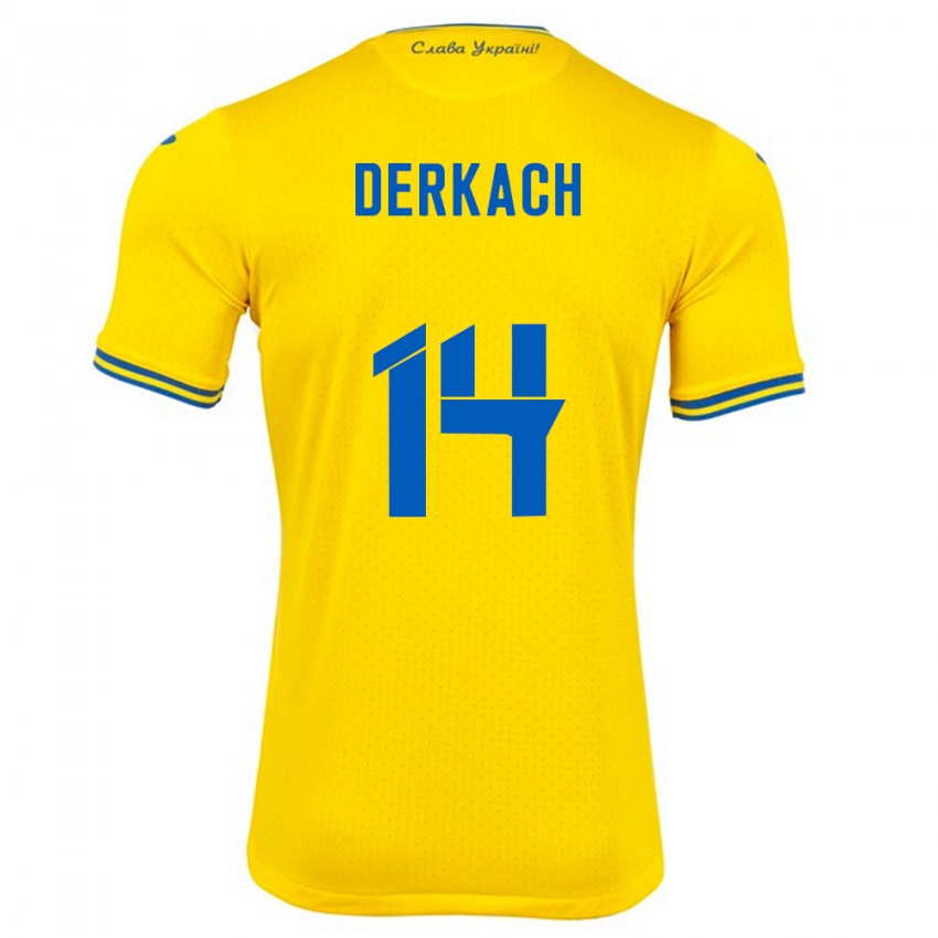 Mann Ukraina Yana Derkach #14 Gul Hjemmetrøye Drakt Trøye 24-26 Skjorter T-Skjorte
