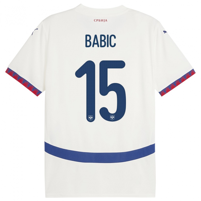 Mann Serbia Srdjan Babic #15 Hvit Bortetrøye Drakt Trøye 24-26 Skjorter T-Skjorte