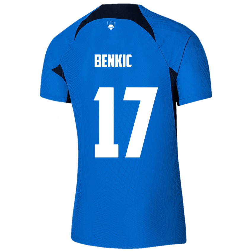 Mann Slovenia Kevin Benkic #17 Blå Bortetrøye Drakt Trøye 24-26 Skjorter T-Skjorte