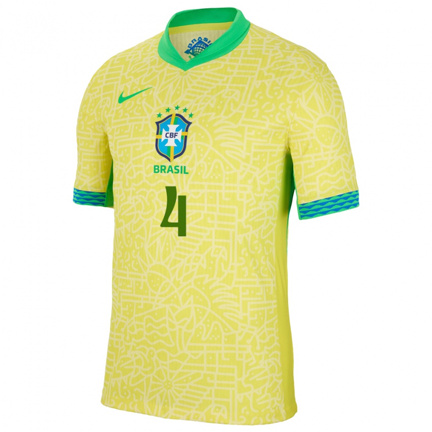 Dame Brasil Marquinhos #4 Gul Hjemmetrøye Drakt Trøye 24-26 Skjorter T-Skjorte
