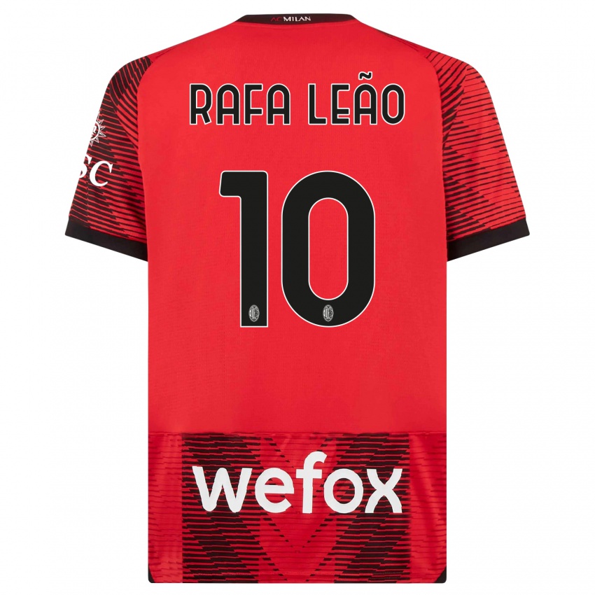 Mann Rafael Leao #10 Rød Svart Hjemmetrøye Drakt Trøye 2023/24 Skjorter T-Skjorte