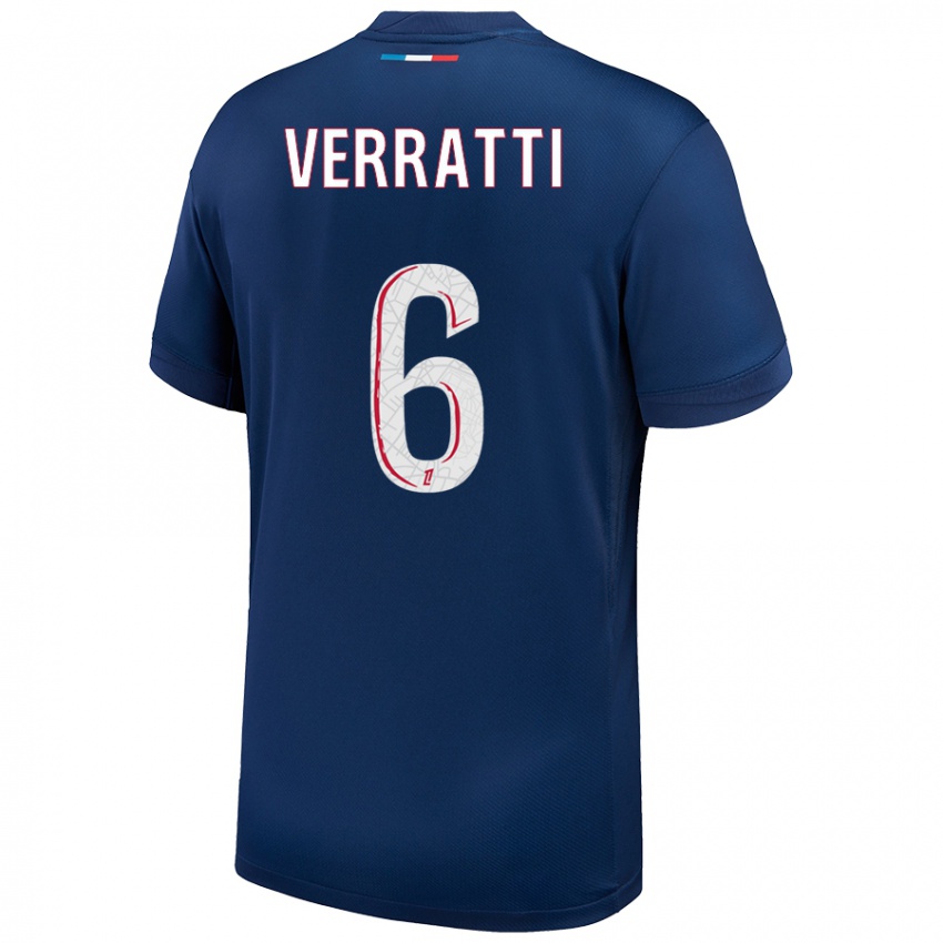 Barn Marco Verratti #6 Marineblå Hvit Hjemmetrøye Drakt Trøye 2024/25 Skjorter T-Skjorte