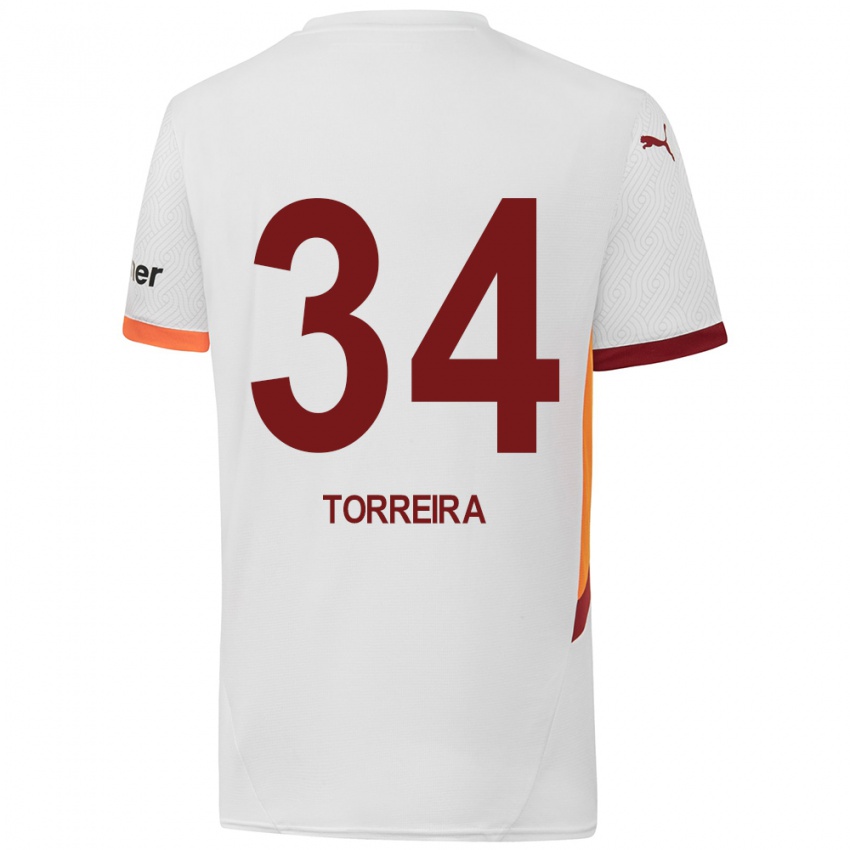 Barn Lucas Torreira #34 Hvit Gul Rød Bortetrøye Drakt Trøye 2024/25 Skjorter T-Skjorte