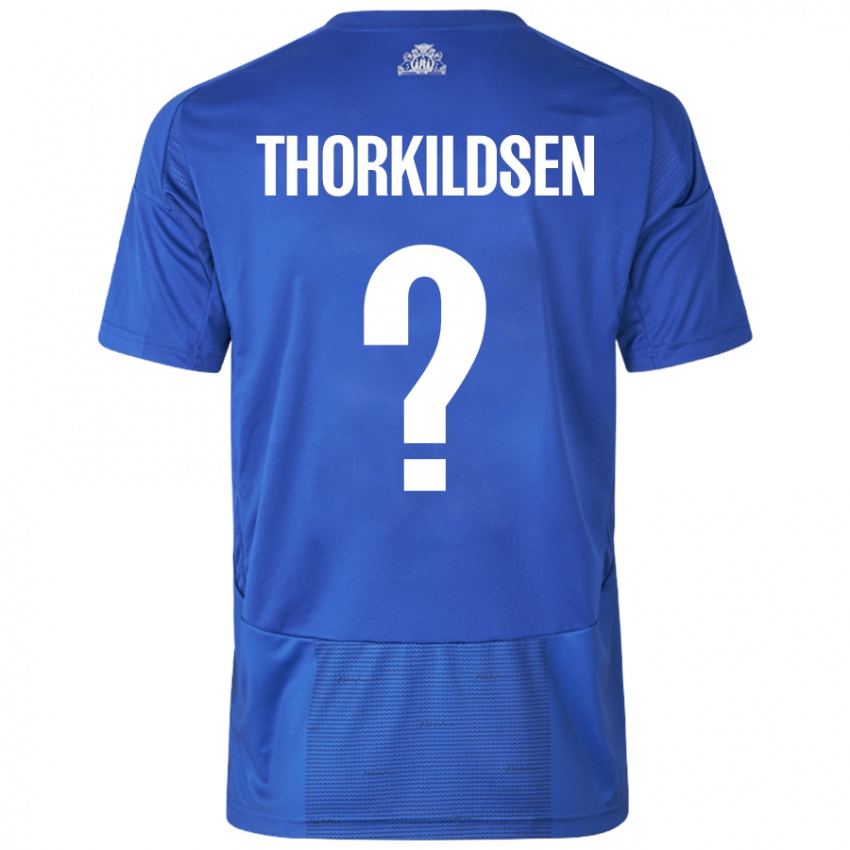 Mann Elias Thorkildsen #0 Hvit Blå Bortetrøye Drakt Trøye 2024/25 Skjorter T-Skjorte